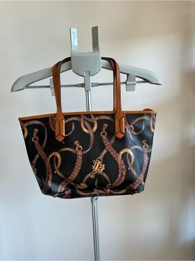 Lauren Ralph Lauren Black Tote with Brown Leather Handles and Bridle Print